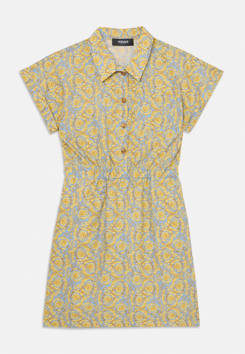 Short-sleeve dress featuring a blue background with yellow floral patterns, button front, collared neckline, and gathered waist.