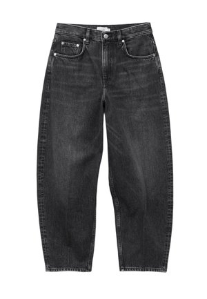 Jean en denim noir taille haute au style décontracté, avec cinq poches et une fermeture par bouton et zip.