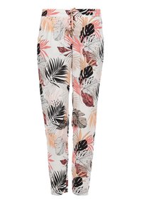 Pantalon léger avec taille élastique et cordon de serrage, présentant un imprimé de feuilles tropicales en tons noir, blanc, pêche et rose.