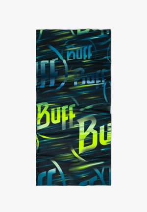 Tubo de cuello multifuncional en tejido elástico y suave. Fondo azul oscuro con logotipos "Buff" en verde brillante y gris, junto con patrones en espiral.