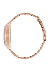 Montre en or rose avec un boîtier lisse et un cadran clair. Présente un bracelet à maillons avec des bords arrondis et un accent de logo sur la couronne.