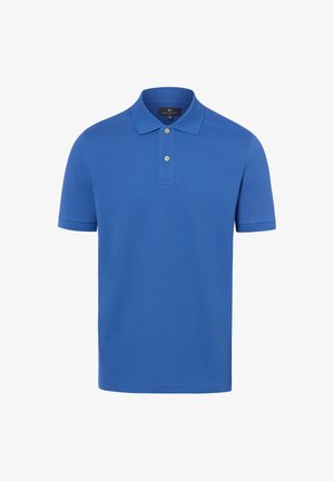 Polo blu a maniche corte con due bottoni e colletto ripiegato, mostrata su sfondo bianco.