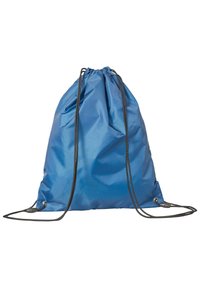 Rucsac albastru cu șnur din nailon lucios, având un vârf strâns, două curele negre și ochiuri întărite.