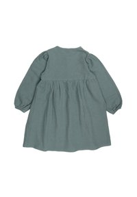 Green cotton dress with long puffed sleeves, gathered waist, and a flared skirt. Features a rounded neckline and soft texture.