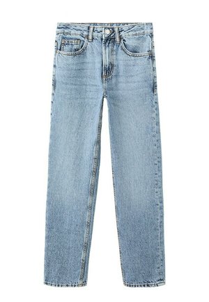 Jeans di jeans azzurri chiaro a gamba dritta con cinque tasche, chiusura con bottoni e passanti per cintura.