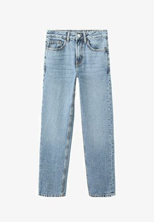 Jean denim bleu clair, coupe droite, cinq poches, fermeture à bouton, et passants pour ceinture.