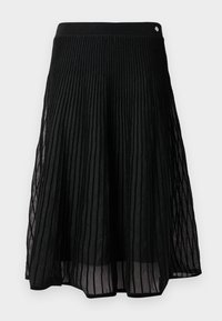 Fustă plisată neagră dintr-un material transparent, cu dungi verticale, talie largă și o siluetă ușor evazată.