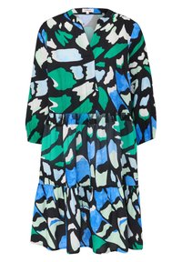 Kleid mit floralem Muster in Schwarz, Grün und Blau. Hat einen V-Ausschnitt, lange Ärmel und einen gestuften Rüschensaum. Hergestellt aus leichtem Stoff.