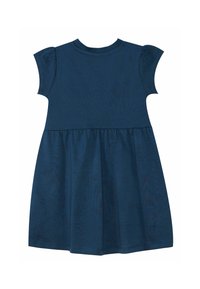 Navyblaues Kleid aus Baumwolle mit tailliertem Oberteil, kurzen Puffärmeln und schwingendem Rock. Es sind keine Muster oder Akzente sichtbar.