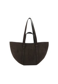 Bruine uit suède vervaardigde totebag met een halfronde vorm, voorzien van twee bovenhandvatten en een gladde, ongeversierde textuur.