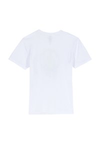 Vit bomull t-shirt med korta ärmar, rundhals, och en svag cirkulär design på baksidan. Mjuk textur, standard passform.