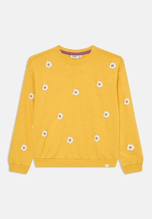 Sweatshirt jaune en mélange de coton avec un col rond, présentant une broderie florale blanche éparpillée et des poignets et un ourlet côtelés.