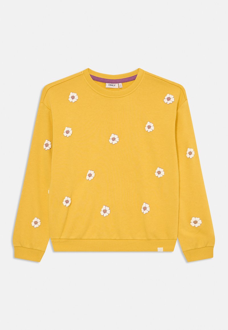 Sweatshirt amarelo em mistura de algodão com gola redonda, apresentando bordados florais brancos dispersos e punhos e bainha canelados.