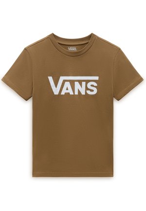 Brun kortærmet T-shirt med rund halsudskæring og stort hvidt Vans-logo centreret på brystet.