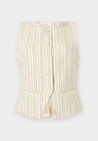 Chaleco beige sin mangas con rayas verticales, cierre frontal de botones, dos bolsillos laterales y un dobladillo ligeramente acampanado. La textura parece ligera y transpirable.