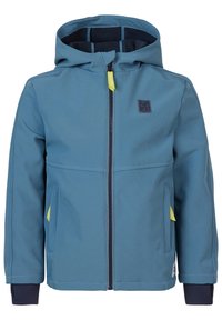 Blue hooded jacket with a zip front, contrasting yellow accents, side pockets, and textured fabric. Features a small logo patch on the chest.