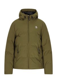 Giacca imbottita verde oliva con cappuccio, zip frontale, cordini regolabili e tasche laterali con zip. Logo sul lato sinistro del petto.