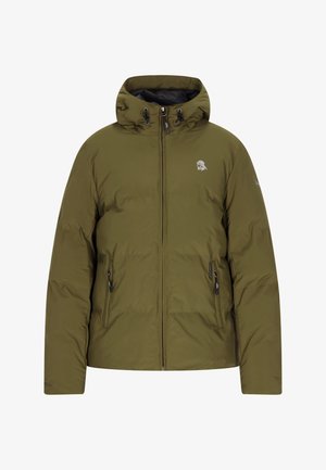Olivgrüne gepolsterte Jacke mit Kapuze, durchgehendem Reißverschluss, verstellbaren Kordelzügen und seitlichen Reißverschlusstaschen. Logo auf der linken Brust.