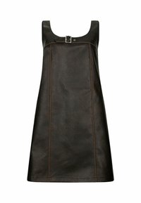 Vestito a camicia in pelle marrone con scollatura quadrata, dotato di cuciture a contrasto e un piccolo dettaglio con fibbia vicino alla spalla.