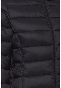 Veste en duvet noire avec un design matelassé, comportant des panneaux horizontaux, une fermeture éclair à l'avant et une poche latérale avec une fermeture éclair.