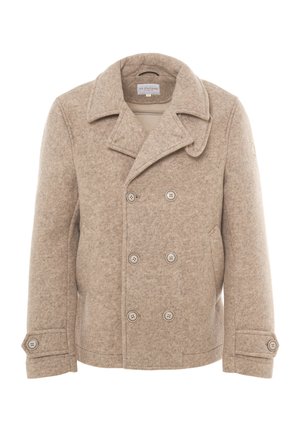 Peacoat doppiopetto in misto lana beige con colletto a revers, grandi bottoni e polsini con bottone. Presenta tasche laterali e una consistenza liscia.
