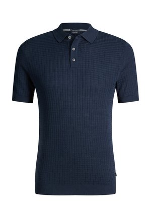 Marineblaues kurzärmeliges Poloshirt mit strukturiertem Quadratmuster und Drei-Knopf-Leiste.