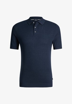 Granatowy krótki rękaw koszulki polo z teksturowanym wzorem kwadratowym i plisą na trzy guziki.