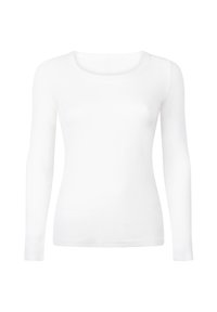 Witte, nauwsluitende, langemouwen shirt met een ronde hals, gepresenteerd tegen een effen witte achtergrond.