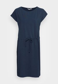 Mörkblå kortärmad klänning i mjukt tyg, med dragsko i midjan och en avslappnad passform. Enkel rund halsringning utan dekorationer.