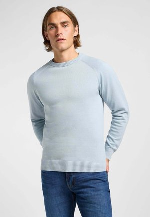 Maglione azzurro chiaro realizzato in tessuto a maglia, con un collo rotondo e polsini a coste. Il design presenta maniche lunghe e una silhouette aderente.