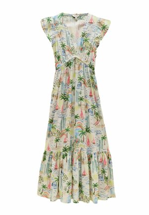 Maxikleid in heller Farbe mit kurzen Ärmeln, geraffter Taille und tropischem Muster mit Palmen, Segelbooten und abstrakten Formen.