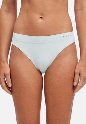 Jasnoniebieskie majtki bikini wykonane z gładkiego materiału. Posiadają szeroki, elastyczny pas z nazwą marki "FALKE" wydrukowaną w szarym kolorze.