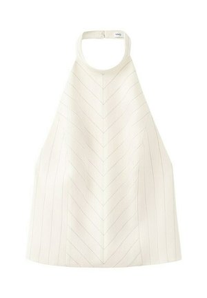 Top color blanco roto con cuello halter, finas rayas verticales y en cheurón, y cierre de botón a presión en la parte trasera del cuello.