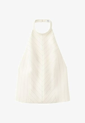 Top v bielej farbe s halter výstrihom s jemnými vertikálnymi a cik-cak pásikmi a so zapínaním na patentku vzadu na krku.