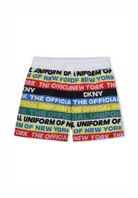 Bañador con cinturilla elástica blanca y cordón. Diseño multicolor que presenta un texto en negrita en rojo, azul, verde, amarillo y negro.