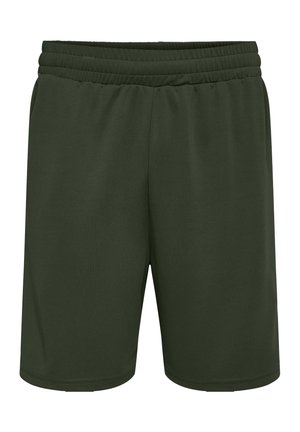 Dunkelgrüne elastische Sportshorts mit seitlichen Taschen und geradem Saum, entworfen für Freizeit- oder Sportkleidung.