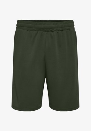 Shorts de sport à taille élastique vert foncé avec poches latérales et ourlet droit, conçus pour une tenue décontractée ou sportive.