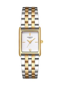 Reloj rectangular de plata y oro con un dial texturizado blanco, acentos dorados y una pulsera de metal bicolor. Presenta una corona en el lateral.