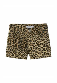 Leopardmönstrade jeansshorts med en beige och svart färgskala, som har framfickor, knäppning med knapp och en logotypfläck på midjebandet.