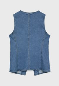 Ärmelloses Jeans-Oberteil, hellblau, mit rundem Ausschnitt und Ausschnitt-Detail im Rücken. Verfügt über Einsätze mit Nähten und einen rohen Saum am Rand.
