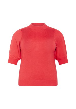 Korallfärgad stickad topp med hög krage, korta puffärmar och ribbade detaljer vid ärmslut och nederkant. Slät textur och figurnära design.