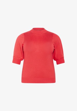 Koral strikket pullover med høj hals, korte puffærmer og ribbede detaljer ved manchetter og kant. Glat tekstur og tætsiddende design.