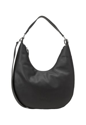 Borsa a spalla nera in pelle, a forma di mezzaluna, con due tracolle removibili e un discreto logo del marchio stampato sulla parte frontale.