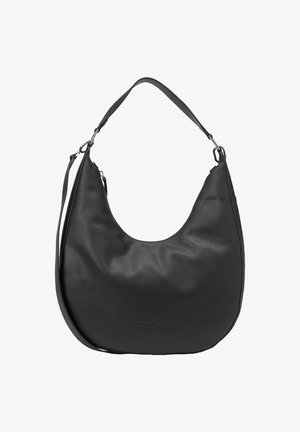 Sac à main en cuir noir en forme de croissant avec deux bandoulières amovibles et un logo de marque subtilement embossé à l'avant.