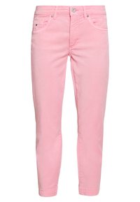 Jeans en coton rose à coupe slim, dotés de poches standards, d'une fermeture à bouton en métal et de passants de ceinture. Texture lisse avec un léger élastique.