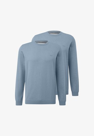 To ensfarvede lyseblå langærmede crewneck-trøjer med ribstrikkede ærmekanter og kant, vist overlappende på en hvid baggrund.