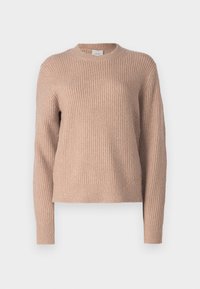 Helles rosa gestricktes Sweater mit gerippter Textur, Rundhalsausschnitt und langen Ärmeln. Einfaches Design ohne Muster oder Hardwaredetails.