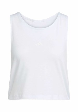 Witte mouwloze crop top van zachte stof, met een ronde hals en een subtiele, tonale logo aan de voorkant.