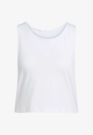 Witte mouwloze crop top van zachte stof, met een ronde hals en een subtiele, tonale logo aan de voorkant.