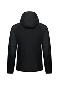 Zwarte waterproof jas met capuchon, met een gladde textuur, hoekig naaiontwerp en contrasterende donkere mouwen. Alleen de achterzijde.